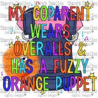 My coparent wears overalls & has a fuzzy orange puppet PNG Download